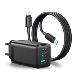   Hálózati töltő Joyroom JR-TG10 65 W GaN 2x USB-C + USB-A kábellel 100 W USB-C - USB-C 1,2 m - fekete