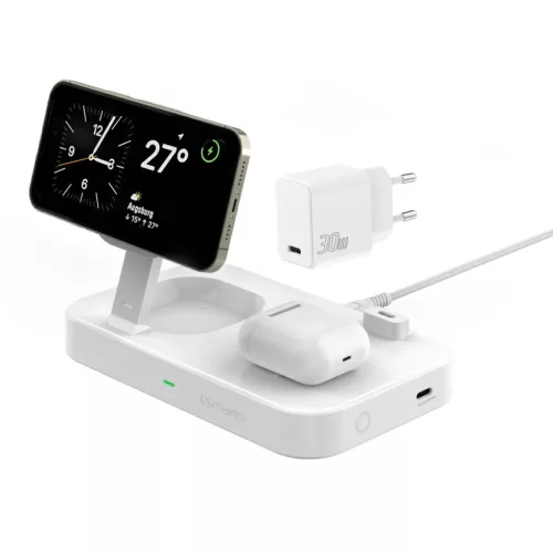 4smarts Qi2 Trident 2 az 1-ben vezeték nélküli töltőállomás + USB-C + 30 W-os hálózati töltő fehér 540998