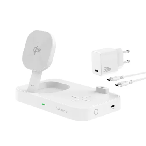 4smarts Qi2 Trident 2 az 1-ben vezeték nélküli töltőállomás + USB-C + 30 W-os hálózati töltő fehér 540998