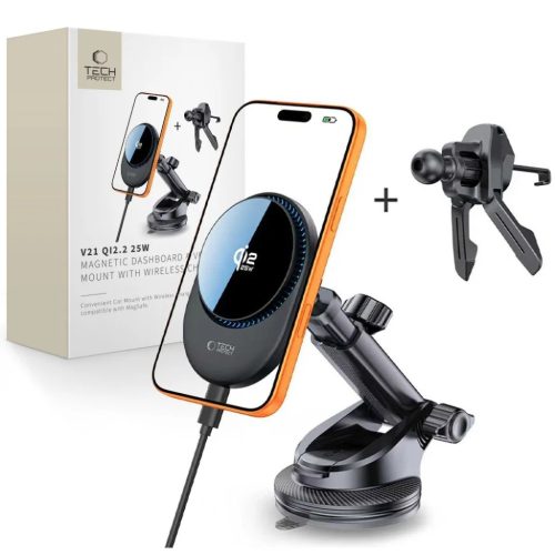 Tech-Protect V21 mágneses MagSafe műszerfalra és szellőzőre rögzíthető autós tartó vezeték nélküli töltővel 25W Qi2.2 fekete