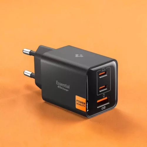 Spigen - Hálózati Töltő Essential EE473EU (ACH09465) - USB, 2x Type-C, Gyors Töltés, Quantum Boost, 47W - Fekete