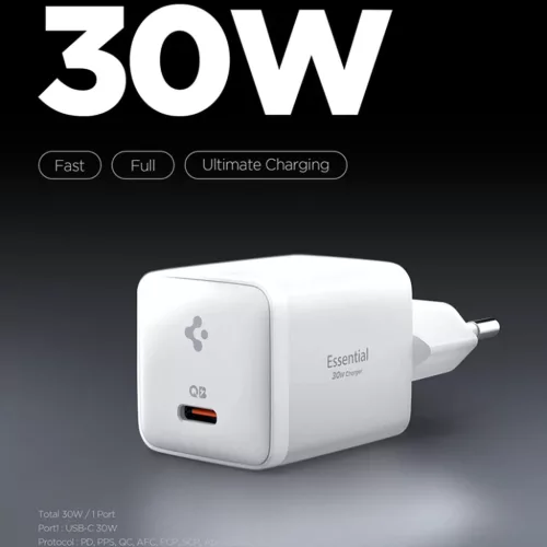 Spigen - Fali Töltő Essential EE301EU (ACH09492) - Type-C, Gyors töltés, Quantum Boost, 30W - Fehér