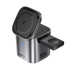   Asztali Töltőállomás Acefast Z9 QI 6in1, 80W, 1 x USB-A - 1 x USB-C, USB-C kábellel, Fekete Magsafe