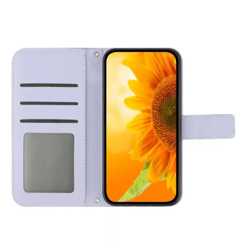 Honor 600 Lite bőrhatású napraforgó mintás fliptok nyakpánttal (lila) tok