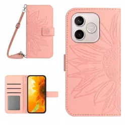   Honor 600 Lite bőrhatású napraforgó mintás fliptok pánttal (rózsaszín) tok