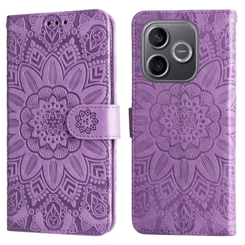 Honor 600 Lite dombornyomott napraforgó mintás bőr fliptok lila tok