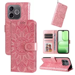   Honor 600 Lite dombornyomott napraforgó mintás bőr fliptok (rózsaarany) tok