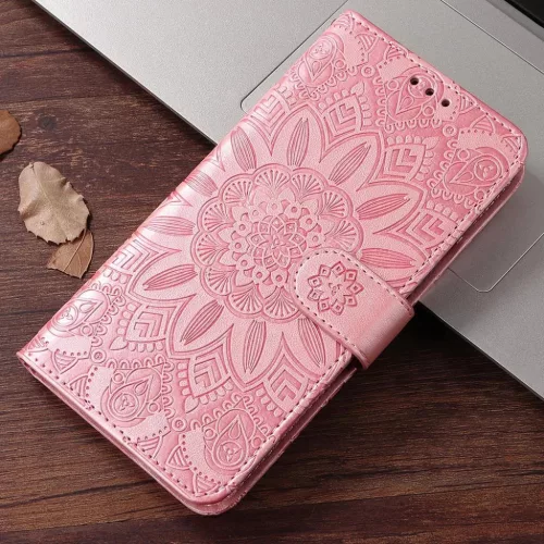 Honor 600 Lite dombornyomott napraforgó mintás bőr fliptok (rózsaarany) tok
