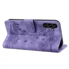 Samsung Galaxy A57 5G-hez rajzfilmes szakura macska dombornyomott bőr fliptok (lila) tok
