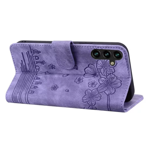 Samsung Galaxy A57 5G-hez rajzfilmes szakura macska dombornyomott bőr fliptok (lila) tok