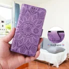 Samsung Galaxy A57 5G napraforgó mintás dombornyomott bőr fliptok lila tok