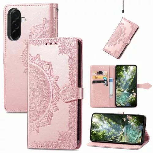 Samsung Galaxy A57 5G mandala virágmintás dombornyomott bőr fliptok (rózsaarany) tok