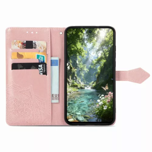 Samsung Galaxy A57 5G mandala virágmintás dombornyomott bőr fliptok (rózsaarany) tok
