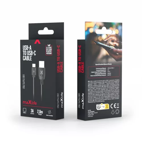 Maxlife USB-A - USB-C kábel 2,0 m 3A fekete