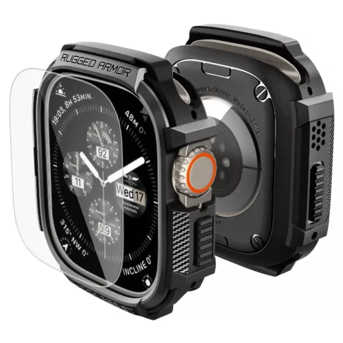 Apple Watch Ultra 1 / 2 / 3 (49 mm) Spigen Rugged Armor és edzett üvegfólia matt fekete tok