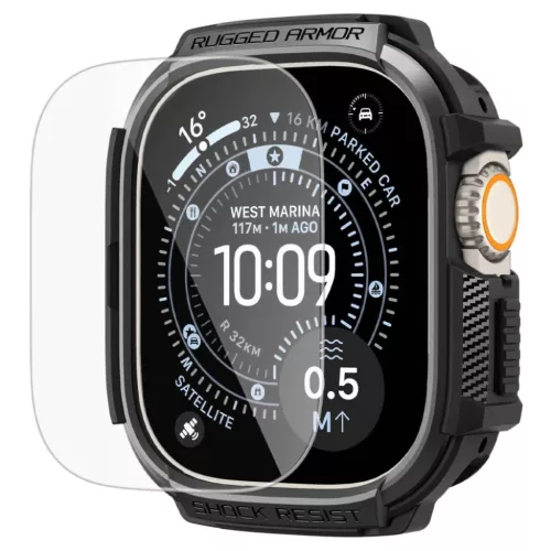 Apple Watch Ultra 1 / 2 / 3 (49 mm) Spigen Rugged Armor és edzett üvegfólia matt fekete tok