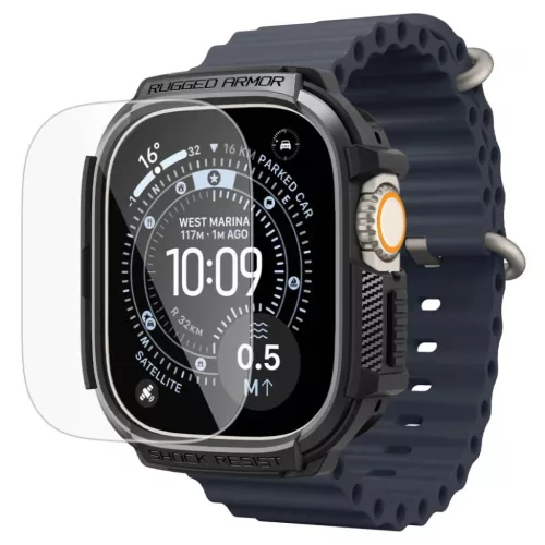 Apple Watch Ultra 1 / 2 / 3 (49 mm) Spigen Rugged Armor és edzett üvegfólia matt fekete tok