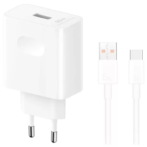 Honor hálózati töltő, 80W, 1 x USB-A - 1 x USB-C, USB-C kábellel, Fehér