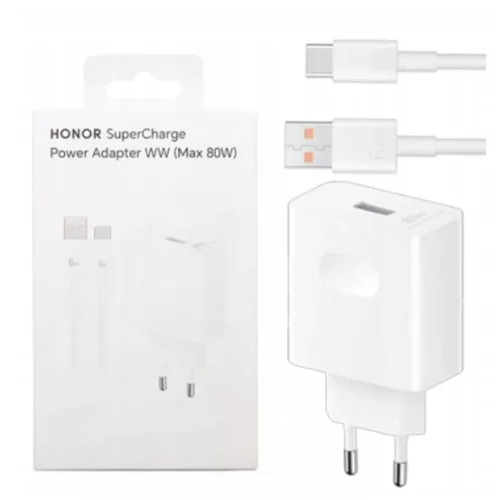 Honor hálózati töltő, 80W, 1 x USB-A - 1 x USB-C, USB-C kábellel, Fehér