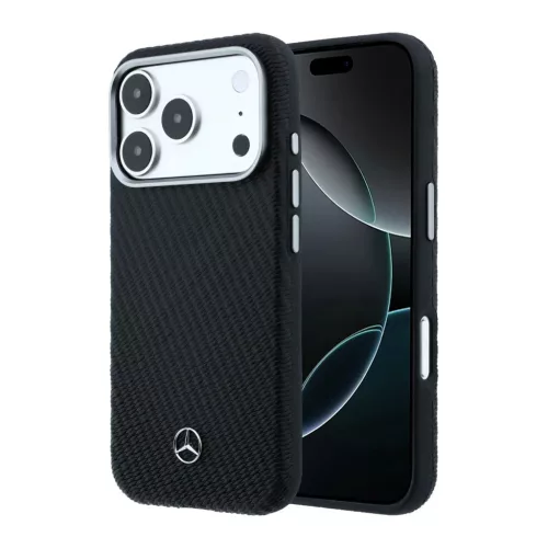 Mercedes PU bőr Semi Wrap MagSafe tok iPhone 17 Pro Max-hoz fekete
