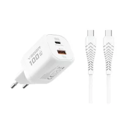   Fehér VEGER USB-A + USB-C PD Super Charge PPS 100W hálózati töltő adapter + USB-C–USB-C 240W adatkábel TR150