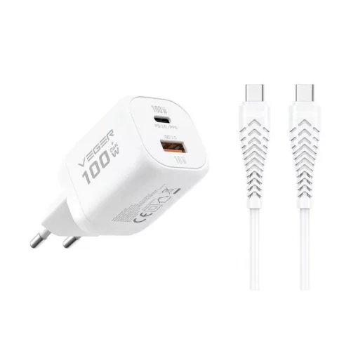 Fehér VEGER USB-A + USB-C PD Super Charge PPS 100W hálózati töltő adapter + USB-C–USB-C 240W adatkábel TR150