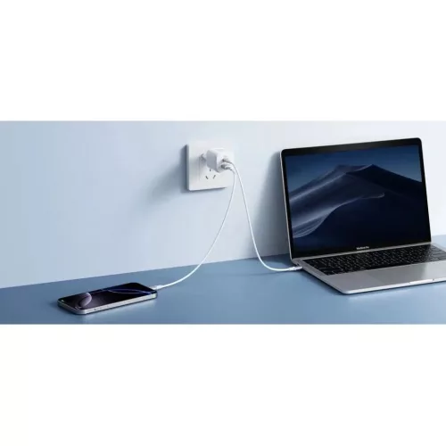 Fehér VEGER USB-A + USB-C PD Super Charge PPS 100W hálózati töltő adapter + USB-C–USB-C 240W adatkábel TR150