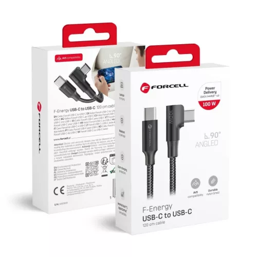 Forcell F-Energy QC4.0 PD 5A 100W Cafule 90° USB-C - USB-C kábel 1,2 m CC-1Deg fekete