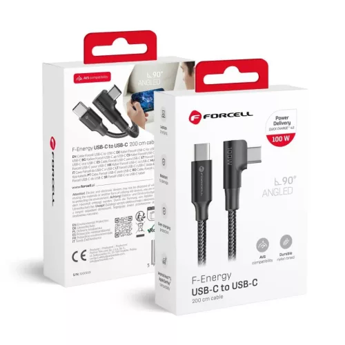 Fekete Forcell F-Energy QC4.0 PD 5A 100W Cafule 90° USB-C - USB-C kábel 2 m CC-1Deg