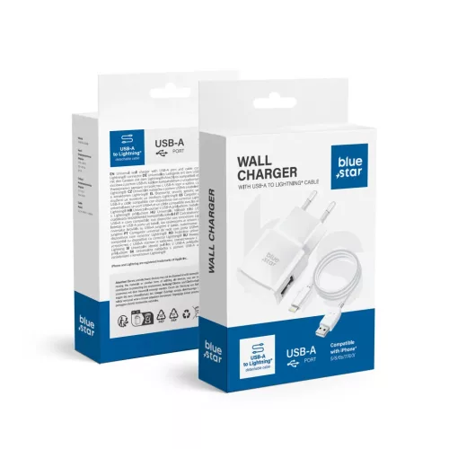 Blue Star USB-A 1A 5W hálózati töltő adapter + USB-A–Lightning kábel TFK-TC-1100B fehér