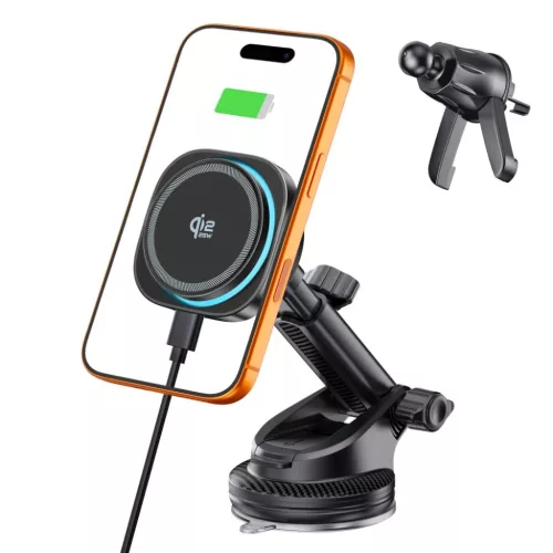 Tech-Protect V20 ArcticBoost mágneses MagSafe műszerfalra és szellőzőrácsra rögzíthető autós tartó vezeték nélküli töltővel 25W Qi2.2 fekete