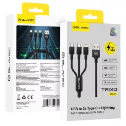   Blavec Cable Trixo fonott - USB-től 2xType C + Lightning - QC 18W PD60W 3A 1,3 méter (CTR-U2CL3B13) fekete