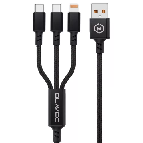 Blavec Cable Trixo fonott - USB-től 2xType C + Lightning - QC 18W PD60W 3A 1,3 méter (CTR-U2CL3B13) fekete