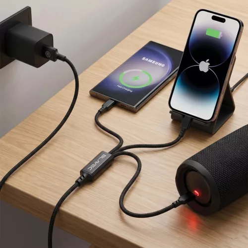 Blavec Cable Trixo fonott - USB-től 2xType C + Lightning - QC 18W PD60W 3A 1,3 méter (CTR-U2CL3B13) fekete