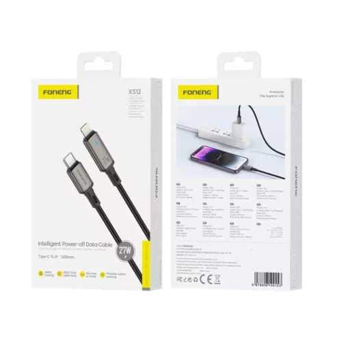 FONENG XS12 USB-C - Lightning PD 27W 1,2 m fekete kábel
