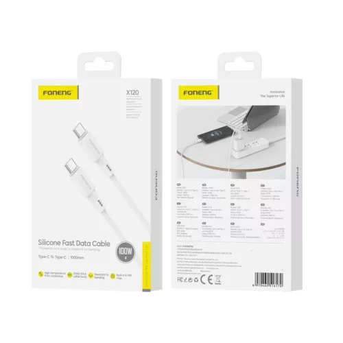 USB-C - USB-C PD 100W 1 m fehér Type-C USB kábel