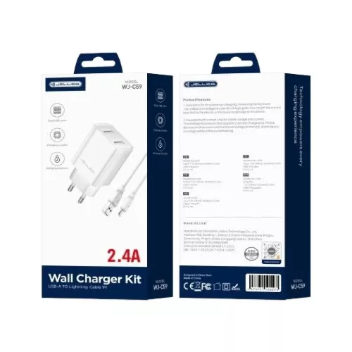 JELLICO WJ-C59 hálózati USB-A töltő adapter 2,4A 12W 2xUSB + Lightning kábel fehér