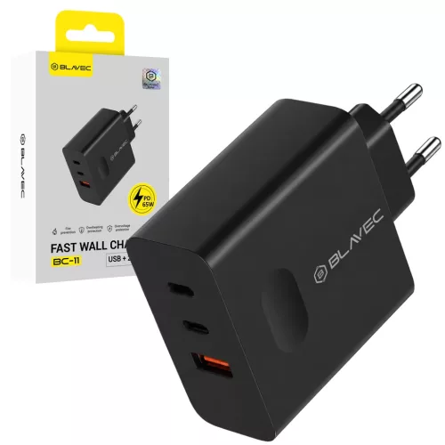 Blavec Hálózati töltő BC-11 GaN - USB + 2xType C - QC PD 65W 3A (TCBC11G-U2CB653A) fekete
