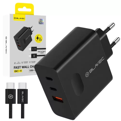 Blavec fali töltő BC-11 GaN - USB + 2xType C - QC PD 65W 3A Type C - Type C kábellel (TCBC11G-U2CB653A) fekete
