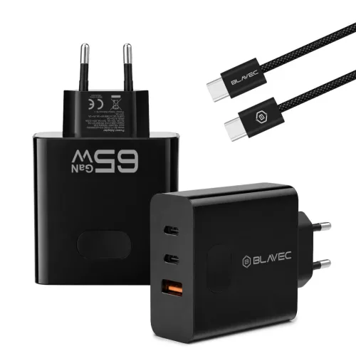 Blavec fali töltő BC-11 GaN - USB + 2xType C - QC PD 65W 3A Type C - Type C kábellel (TCBC11G-U2CB653A) fekete