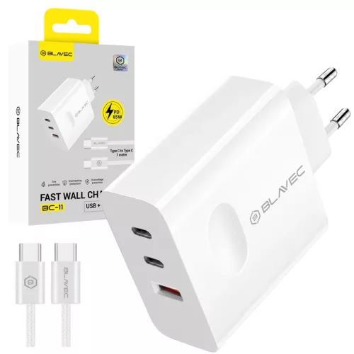 Blavec fali töltő BC-11 GaN - USB + 2xType C - QC PD 65W 3A Type C - Type C kábellel (TCBC11G-U2CW653A) fehér