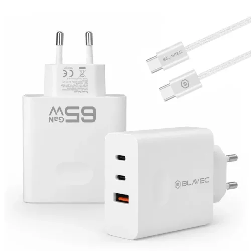 Blavec fali töltő BC-11 GaN - USB + 2xType C - QC PD 65W 3A Type C - Type C kábellel (TCBC11G-U2CW653A) fehér
