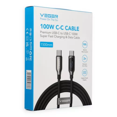 VEGER PD 5A 100W CC1-XHJ 1,5 m Type-C - Type-C kábel LED kijelzővel, fekete