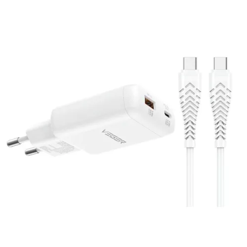 VEGER TR122 fehér USB-A + USB-C PD 65W hálózati töltő adapter + USB-C - USB-C 100W adatkábel
