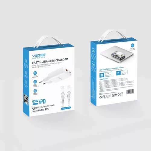 VEGER TR122 fehér USB-A + USB-C PD 65W hálózati töltő adapter + USB-C - USB-C 100W adatkábel