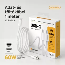  Alphajack USB-C USB-C 1MW- 60W adat és töltő kábel fehér 1m nylon borítással