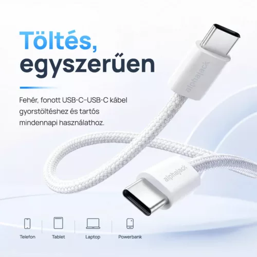 Alphajack USB-C USB-C 1MW- 60W adat és töltő kábel fehér 1m nylon borítással