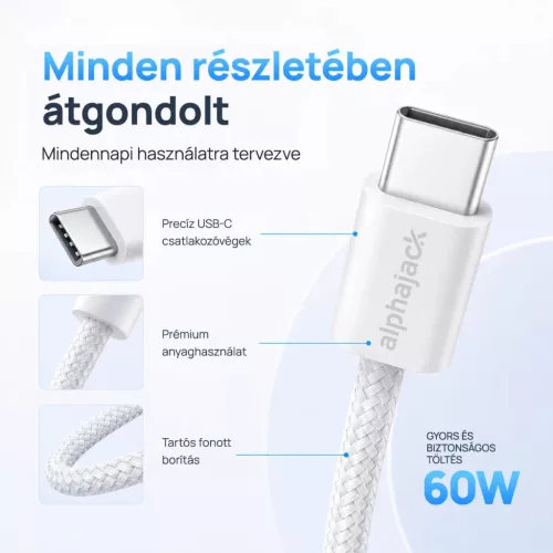 Alphajack USB-C USB-C 1MW- 60W adat és töltő kábel fehér 1m nylon borítással