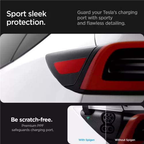 Spigen Tesla töltőnyílás védőfólia és borítás készlet, karbon – Tesla Model Y/3