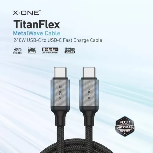 X-ONE TitanFlex USB-C – USB-C adatkábel, 240 W, 1,2 m, fekete